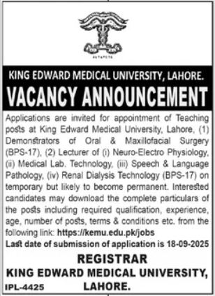 King Edward Medical University jobs in Lahore 2025